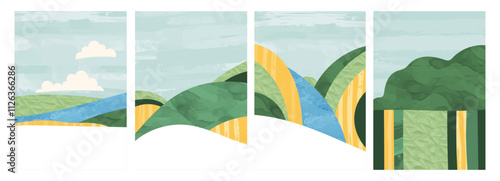 Abstract vineyard and farm agriculture pattern with green field, rice, wheat. Vector illustration of organic nature, ecology, spring landscape. Design with hill, mountain, meadow texture. Aerial view