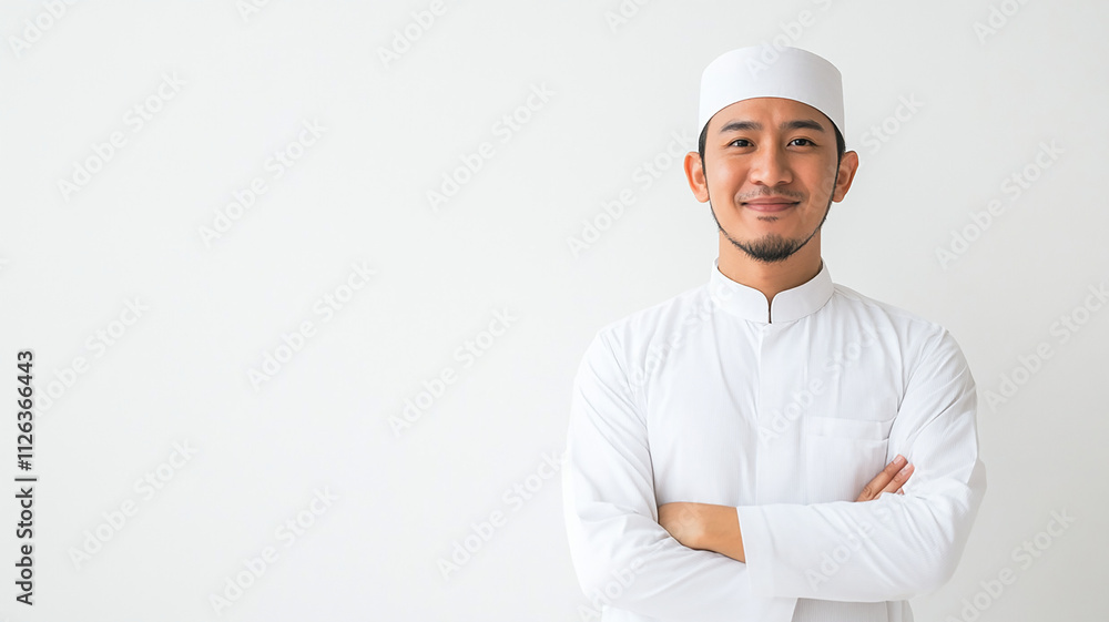 Asian Muslim man wearing white clothes smiling to give greeting during Ramadan and Eid Al Fitr celebration standing over white background Asian Muslim man wearing white clothes smiling to give greeting during Ramadan and Eid Al Fitr celebration standing over white background