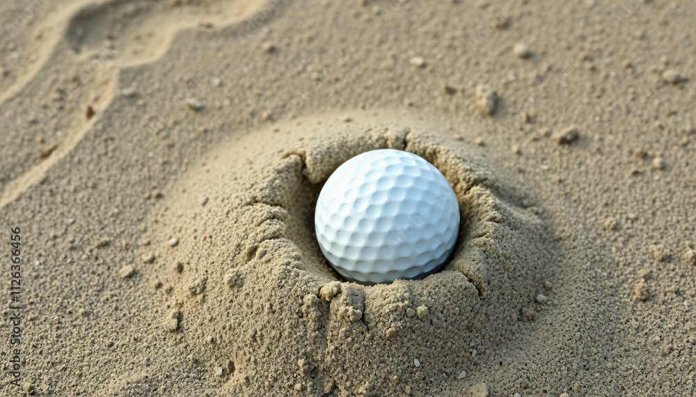 golf ball partially submerged in the sand golf ball partially submerged in the sand