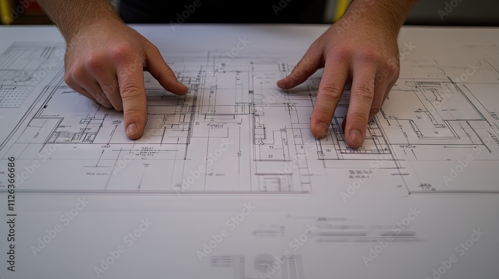 A close-up of engineers hands pointing at detailed floor plans, reviewing construction modifications. A close-up of engineers hands pointing at detailed floor plans, reviewing construction modifications.