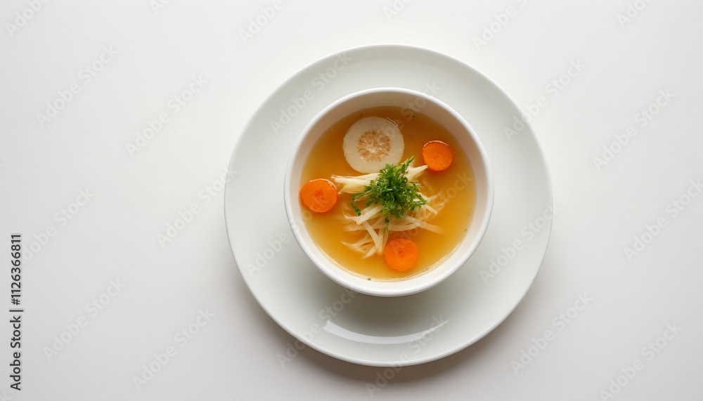 Minimalist Rindsuppe in Michelin-star style with clear broth in white and orange with copy space Minimalist Rindsuppe in Michelin-star style with clear broth in white and orange with copy space