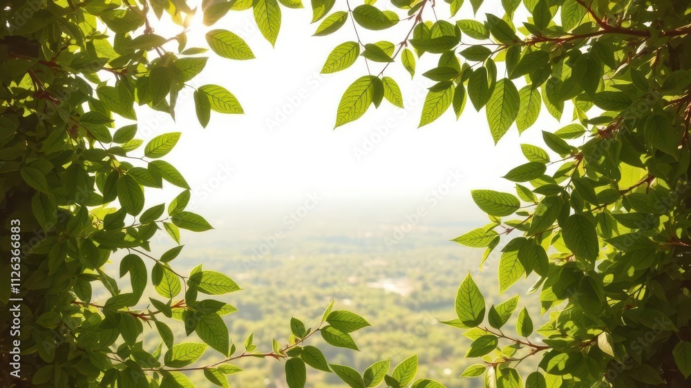 Green leaves forming a frame against a bright panoramic background, outdoors Green leaves forming a frame against a bright panoramic background, outdoors