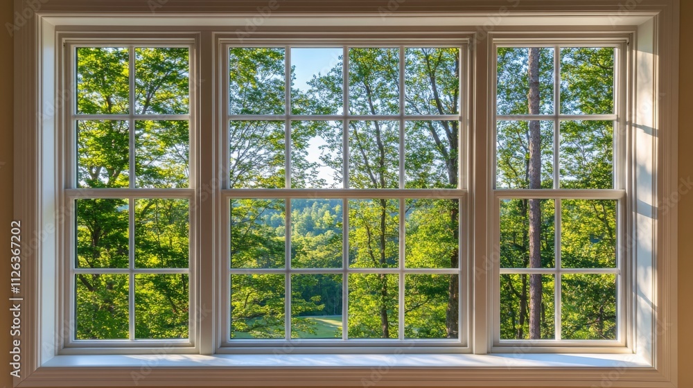 Scenic Wooden Window Frame with Greenery View, Sunlight Illumination, Grid Pattern Glass Panels, Room with Natural Lighting Scenic Wooden Window Frame with Greenery View, Sunlight Illumination, Grid Pattern Glass Panels, Room with Natural Lighting