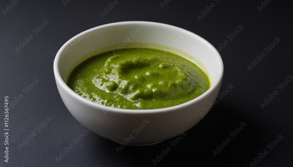Chermoula in Minimalist Style in Green and White for Marinating against Black Background Chermoula in Minimalist Style in Green and White for Marinating against Black Background