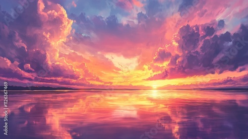 Colorful sunset over lake, dramatic sky, vibrant clouds reflection, beautiful evening, nature scenery, peaceful water view