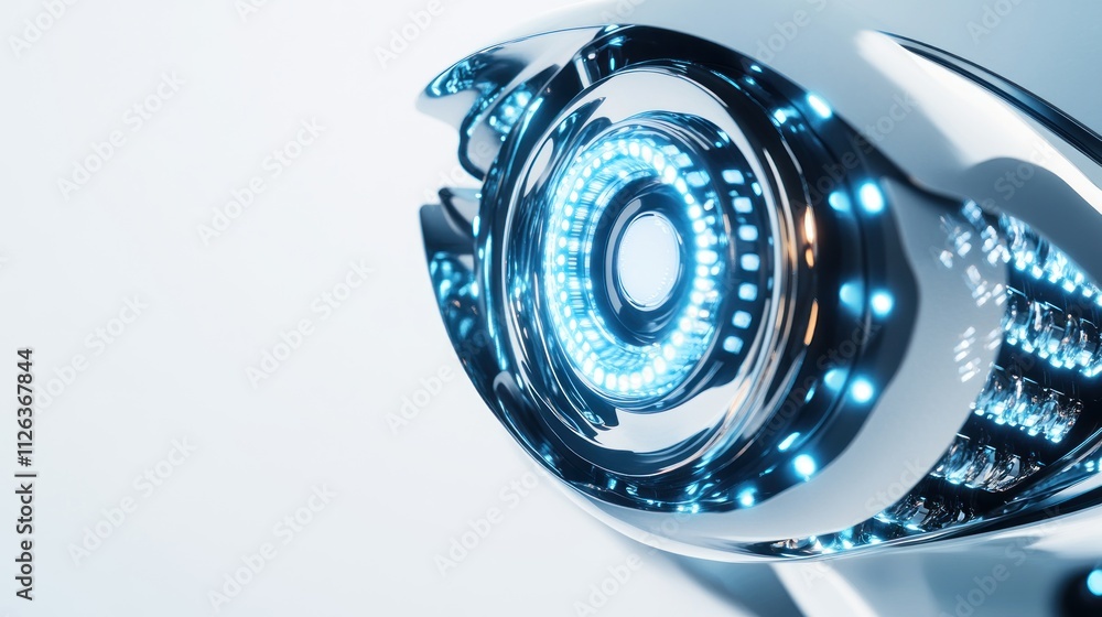 A futuristic robotic eye with glowing blue lights and a sleek metallic design.