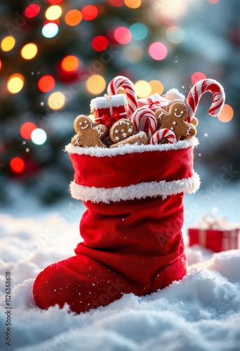 A festive Christmas stocking filled with treats, surrounded by snow and holiday lights.

 photo