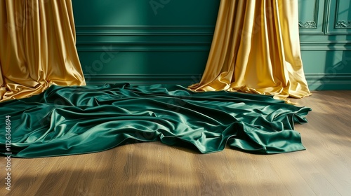 Luxurious dark emerald satin drapery elegant space textiles interior photo