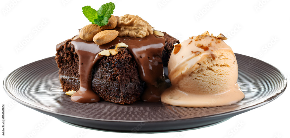 Delicious chocolate melted brownie and ice cream with nuts. isolated Delicious chocolate melted brownie and ice cream with nuts. isolated