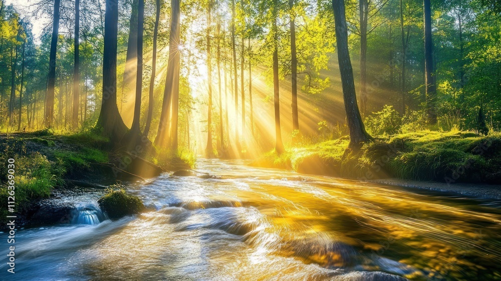 Fototapeta premium Forest river flowing through dense trees, bright sunlight creating sparkles on the water 