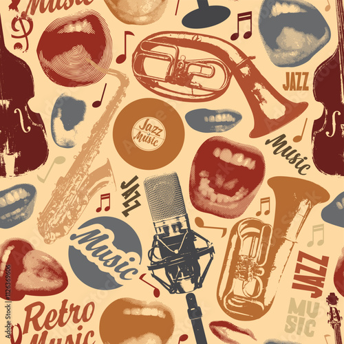 Vector seamless pattern on the theme of retro jazz music with singing mouths, vinyl records and musical instruments. Bright vector background, suitable for Wallpaper, wrapping paper, fabric
