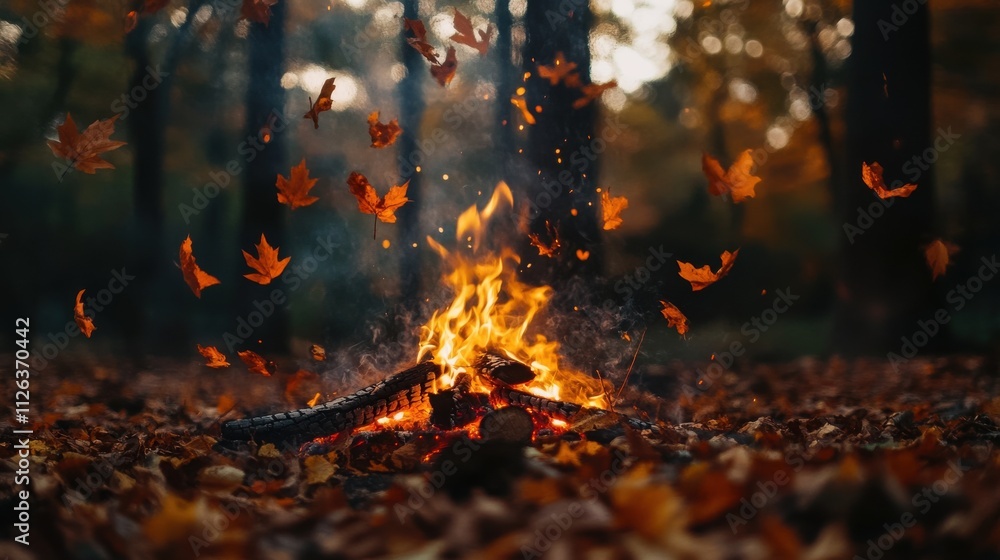 Campfire with falling autumn leaves in forest. (1) Campfire with falling autumn leaves in forest. (1)