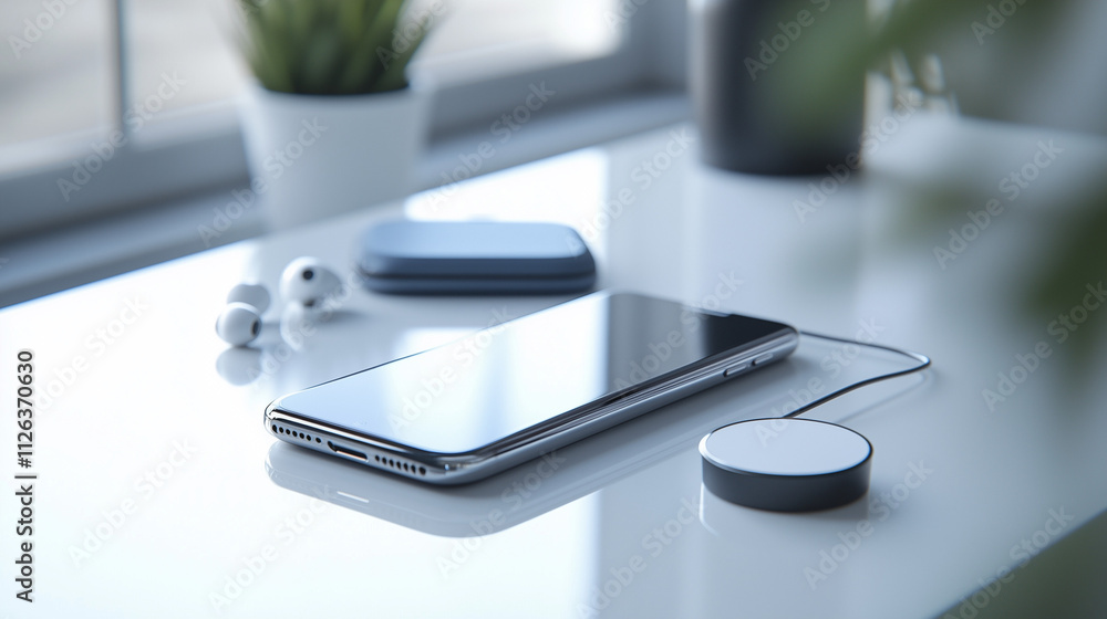 Glossy smartphone on a modern desk with wireless charger and earphones Glossy smartphone on a modern desk with wireless charger and earphones