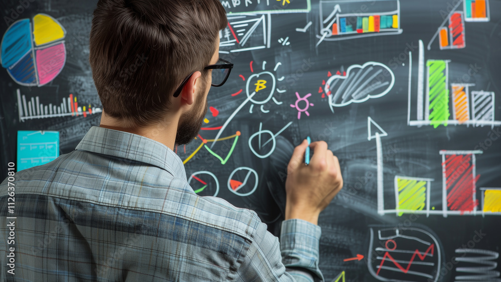 Man draws colorful graphs, charts and symbols on blackboard filled with data visualizations and diagrams Man draws colorful graphs, charts and symbols on blackboard filled with data visualizations and diagrams