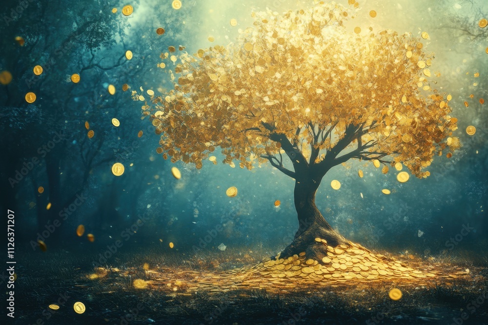 Artistic representation of a money tree surrounded by golden coins in a magical forest setting elevating wealth and prosperity concept enchanting viewpoint for visual inspiration Artistic representation of a money tree surrounded by golden coins in a magical forest setting elevating wealth and prosperity concept enchanting viewpoint for visual inspiration