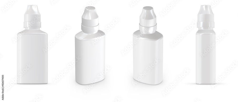 A realistic 3D mockup of small plastic dropper bottles with blank white labels and secure twist caps. 20 ml. A realistic 3D mockup of small plastic dropper bottles with blank white labels and secure twist caps. 20 ml.
