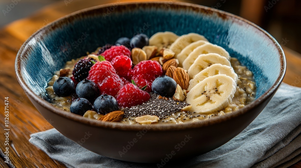 Healthy Breakfast Bowl, Fresh Fruit and Nuts, Vibrant Morning Meal, Nutritious Dish Healthy Breakfast Bowl, Fresh Fruit and Nuts, Vibrant Morning Meal, Nutritious Dish