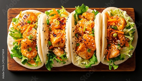 Delicious shrimp baos filled with fresh vegetables and topped with sesame seeds.