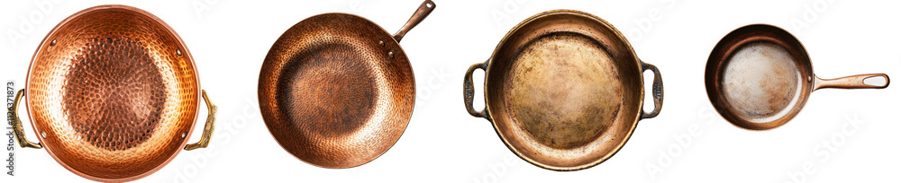 A top-down view of a transparent background with a lone, empty copper frying pan. A top-down view of a transparent background with a lone, empty copper frying pan.