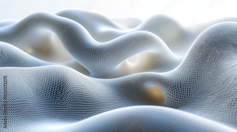 Abstract representation of smooth undulating surfaces resembling waves in a serene landscape Abstract representation of smooth undulating surfaces resembling waves in a serene landscape