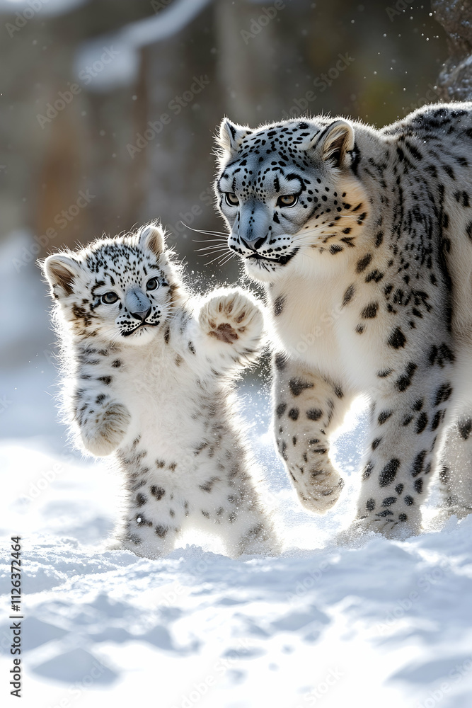 Adorable snow leopard cub playfully interacting with its mother in a snowy winter habitat. Adorable snow leopard cub playfully interacting with its mother in a snowy winter habitat.