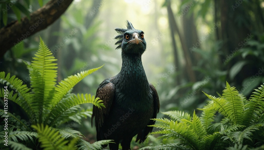 Majestic Fantasy Creature Standing Among Lush Green Ferns in a Mystical Jungle Environment Majestic Fantasy Creature Standing Among Lush Green Ferns in a Mystical Jungle Environment
