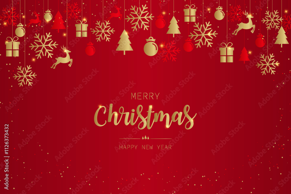 merry christmas and happy new year hang snowflakes and decorate red background. vector illustration greeting background. merry christmas and happy new year hang snowflakes and decorate red background. vector illustration greeting background.