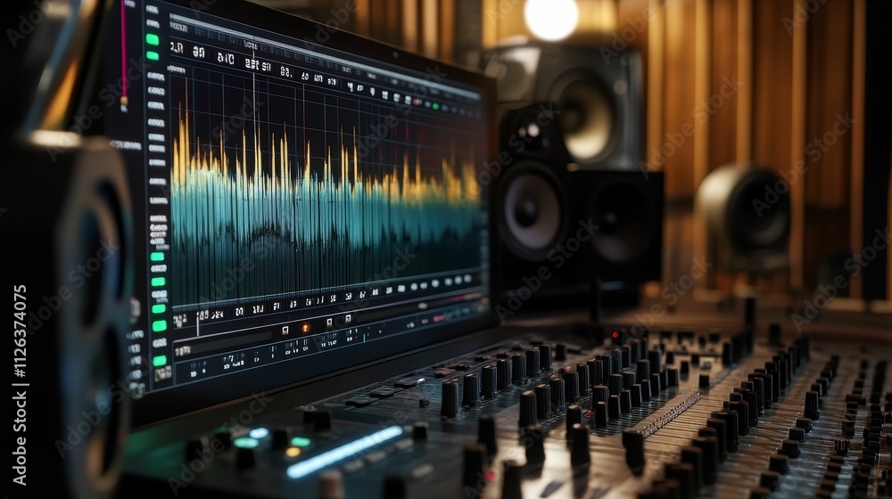 Audio mixing console, waveform display, studio equipment. Audio mixing console, waveform display, studio equipment.