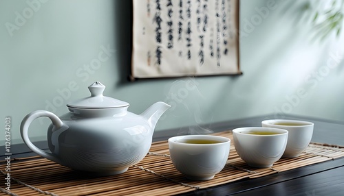 Wallpaper Mural Elegant white teapot with steaming cups on bamboo mat, serene Japanese tea ceremony Torontodigital.ca