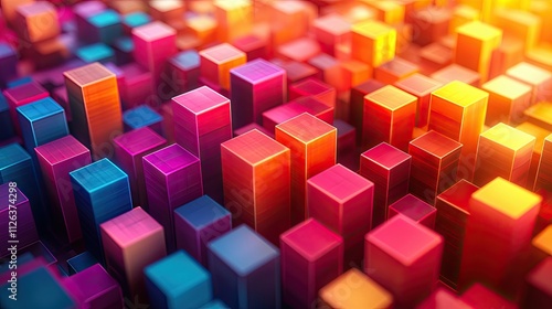 Colorful 3D blocks create a vibrant abstract landscape with vivid hues and geometric patterns