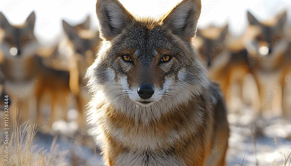 Fototapeta premium Coyotes pack leader stares intently at camera, other coyotes blurred in background.