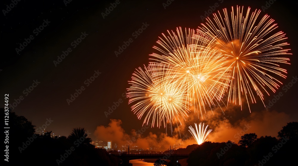 Golden fireworks explode over a city skyline at night, illuminating the dark sky with brilliant bursts of light and color. A breathtaking display! Golden fireworks explode over a city skyline at night, illuminating the dark sky with brilliant bursts of light and color. A breathtaking display!