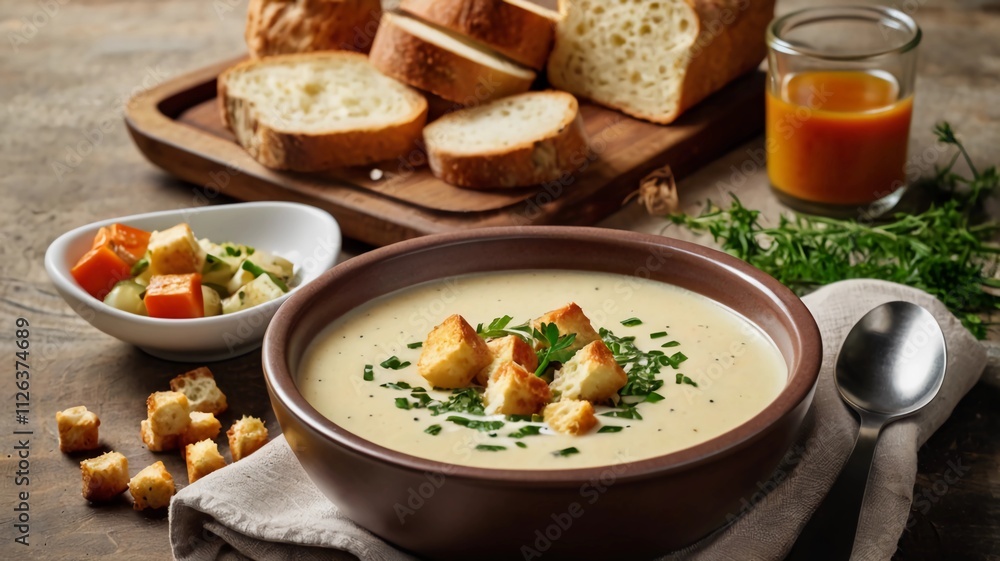Cream soup and bread croutons. homemade healthy organic vegetarian vegan diet fresh food meal dish soup lunch, space for text. top view Cream soup and bread croutons. homemade healthy organic vegetarian vegan diet fresh food meal dish soup lunch, space for text. top view