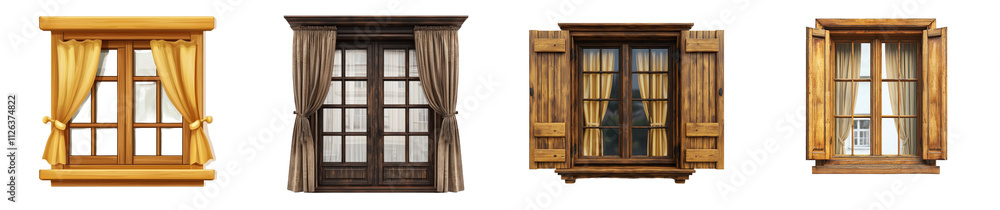 Wooden window with curtains, displayed on a transparent backdrop. Wooden window with curtains, displayed on a transparent backdrop.