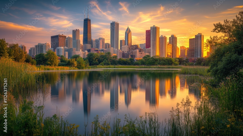 Obraz premium beautiful city skyline at sunset reflecting on calm water