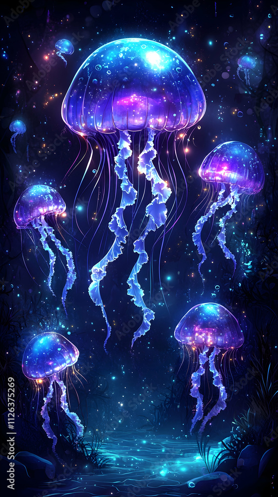 Glowing jellyfish underwater scene at night. Glowing jellyfish underwater scene at night.