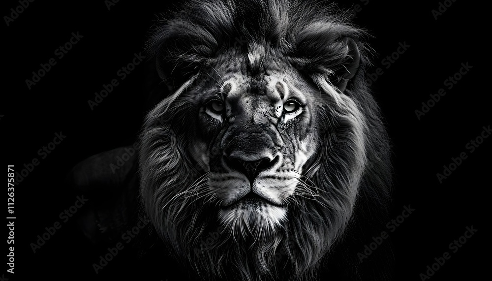 Naklejka premium Majestic black and white lion portrait, intense gaze, powerful symbolism, wildlife awareness