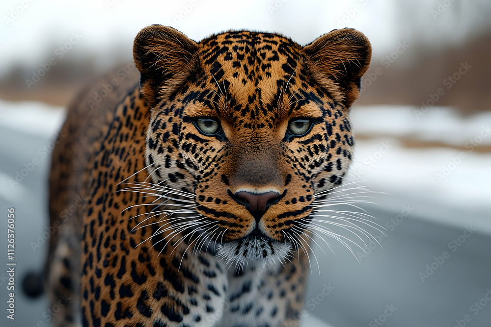 Naklejka premium Majestic leopard with piercing blue eyes, walking on a road.