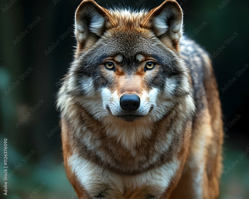 Majestic red wolf stares intensely at the camera in a dark forest. Majestic red wolf stares intensely at the camera in a dark forest.