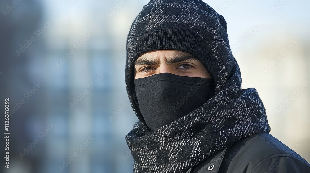 A man wearing a black hat and scarf is standing in front of a building. He has a serious expression on his face A man wearing a black hat and scarf is standing in front of a building. He has a serious expression on his face
