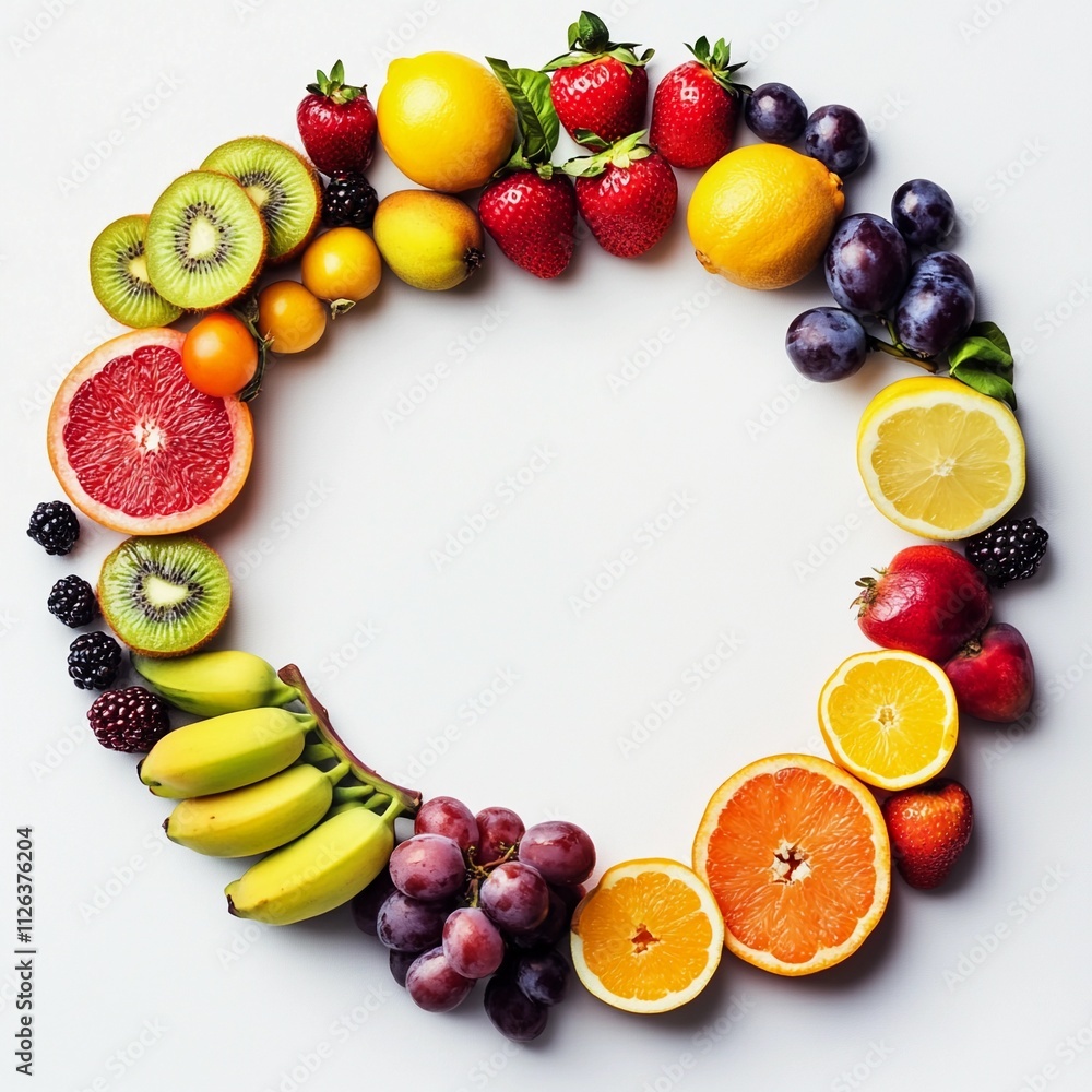 Fruits, berries and green leaves arranged in a white circle on a white background Fruits, berries and green leaves arranged in a white circle on a white background