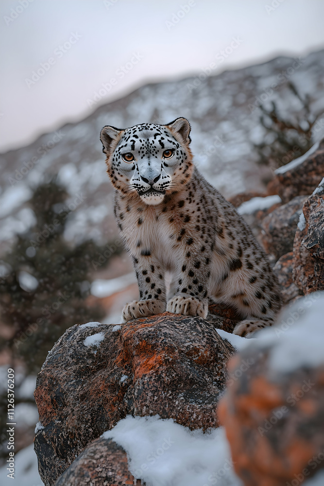Fototapeta premium Majestic snow leopard perched on rocks in a snowy mountain landscape.