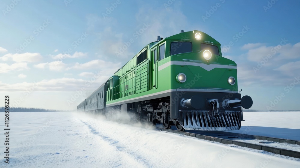 Obraz premium Green train on snowy track.