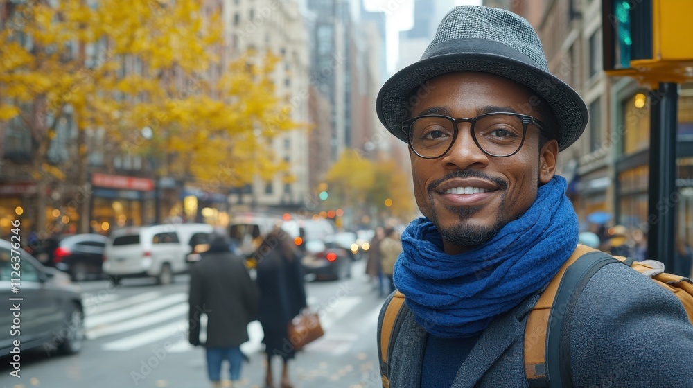 A man wearing a hat and glasses is smiling in front of a busy street. The scene is bustling with activity, with cars and pedestrians all around A man wearing a hat and glasses is smiling in front of a busy street. The scene is bustling with activity, with cars and pedestrians all around