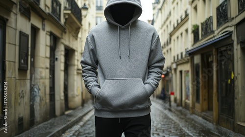 A man wearing a gray hoodie is standing in the rain on a city street. The hoodie is pulled up over his head, and he is looking down at the ground. Concept of loneliness and isolation