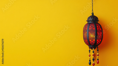 Fawanis. Traditional Ramadan lantern with prayer beads on bright yellow background. photo