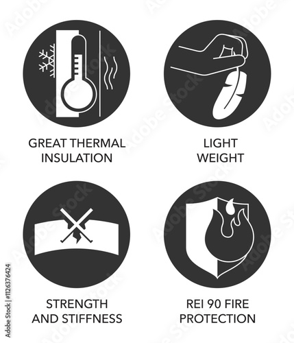 Wooden materials icons set - thermal insulation, Light weight, Strength, Fire protection