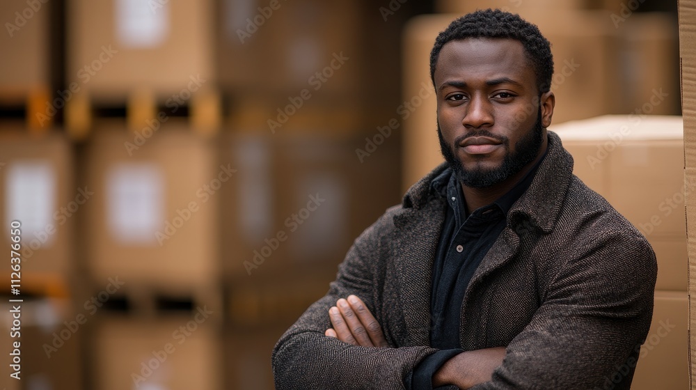 Fototapeta premium A man with a beard and a black jacket stands in front of a stack of cardboard boxes. He is looking at the camera with a serious expression