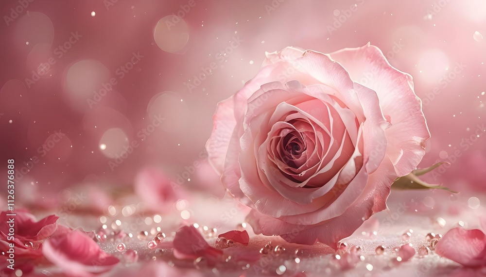 Soft pink rose with delicate petals on sparkling background, romantic decoration symbol Soft pink rose with delicate petals on sparkling background, romantic decoration symbol