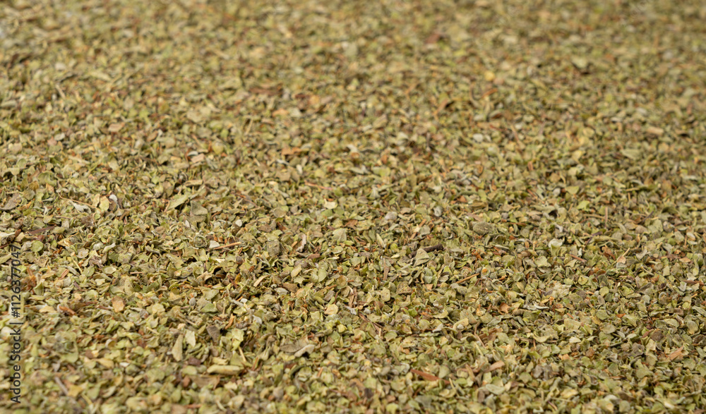 Dry thyme texture, dried marjoram pattern, oregano pile background, ground crushed thyme seasoning mockup
